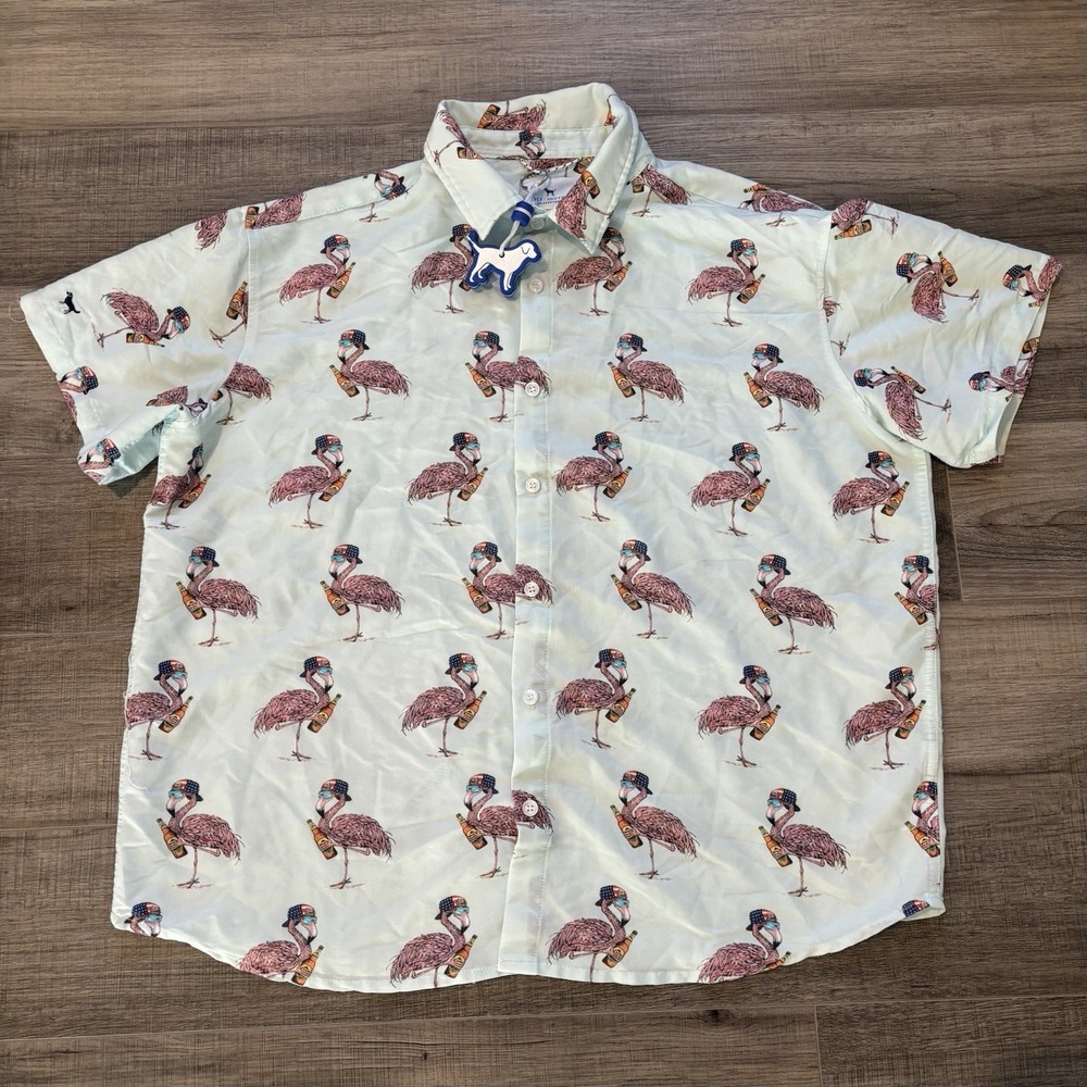 Simply Southern Coastal Shirt Mens XL Flamingo Button Down Beer USA Blue Beachy